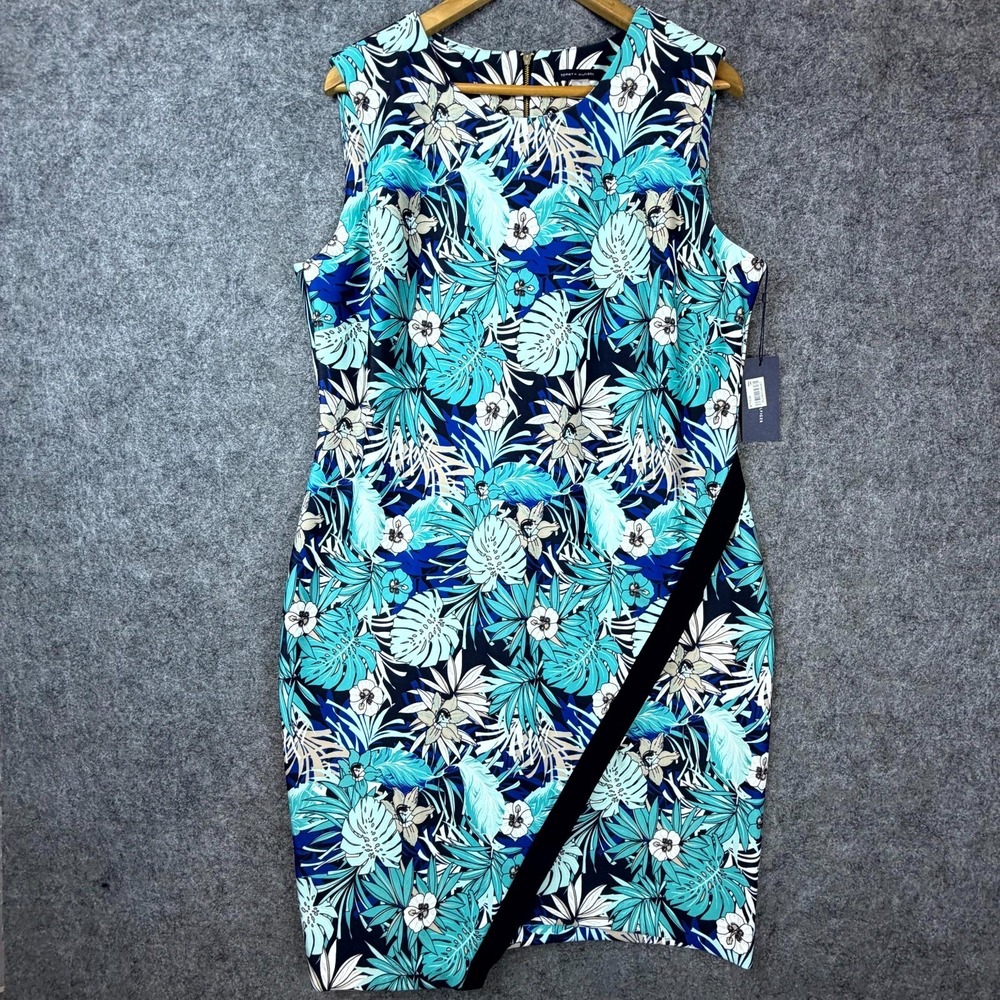 Tommy Hilfiger Midi Dress Womens 18 Blue Floral Sleeveless Tropical Office Party